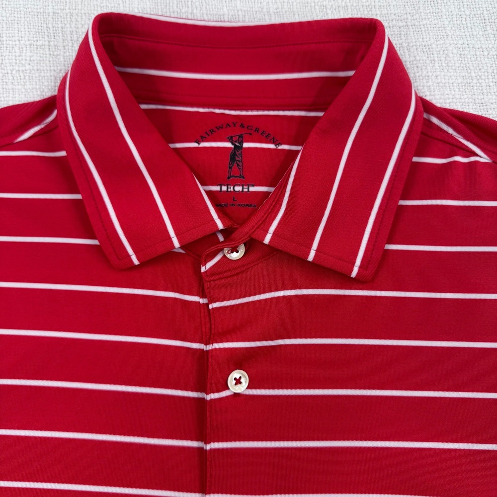 Fairway & Greene Tech Men Large Red Striped Short Sleeve Golf Polo Shirt BR Logo